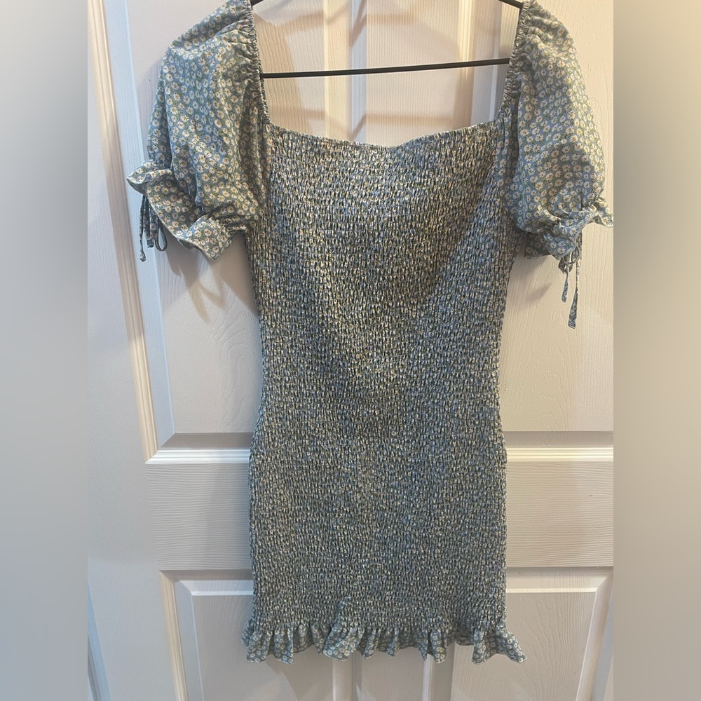 Timing Smocked Puff Short Sleeve Square Neck Floral Print Mini Dress